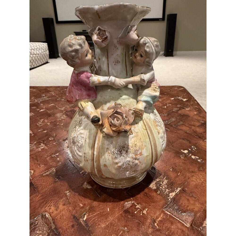 Vintage Shafford Midcentury Porcelain Vase With Victorian Boy & Girl 7 inch